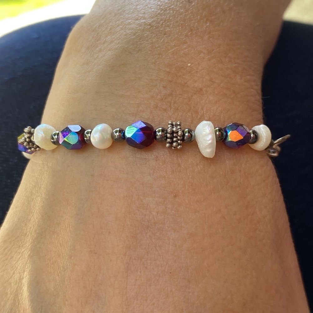 Freshwater Pearl Silver & Red Glass Beaded Bracelet